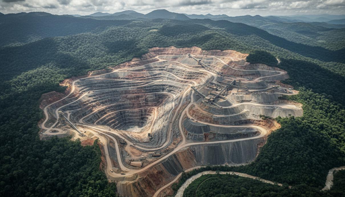 Панорамный вид на крупный карьер в горах Эквадора, окруженный густой растительностью, с элементами горнодобывающей инфраструктуры.