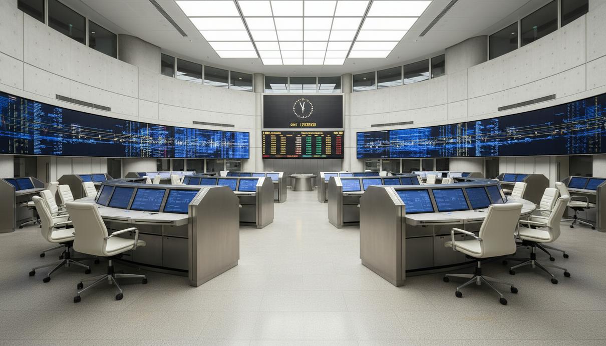 Интерьер пустого торгового зала Лондонской биржи металлов с круговым рингом и металлическими элементами. Отражение света на поверхностях.