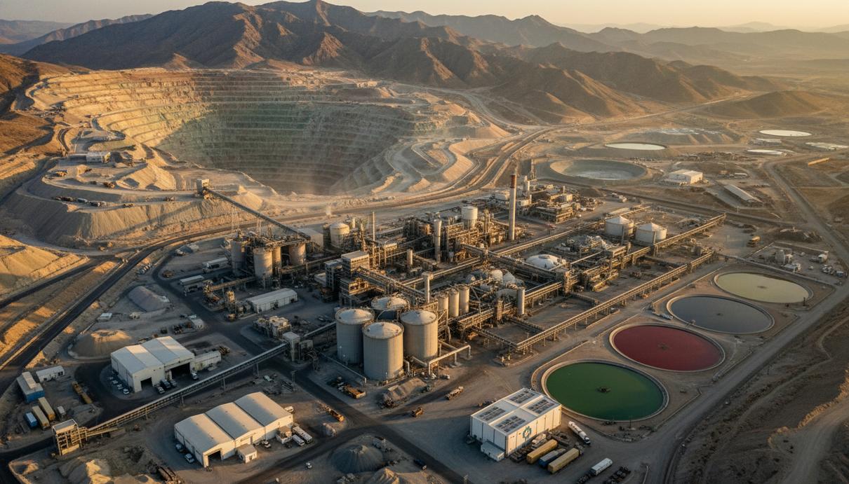 Карьер по добыче редкоземельных металлов и перерабатывающий завод в горах Северной Америки. Видны промышленные здания, дороги и специализированная техника.