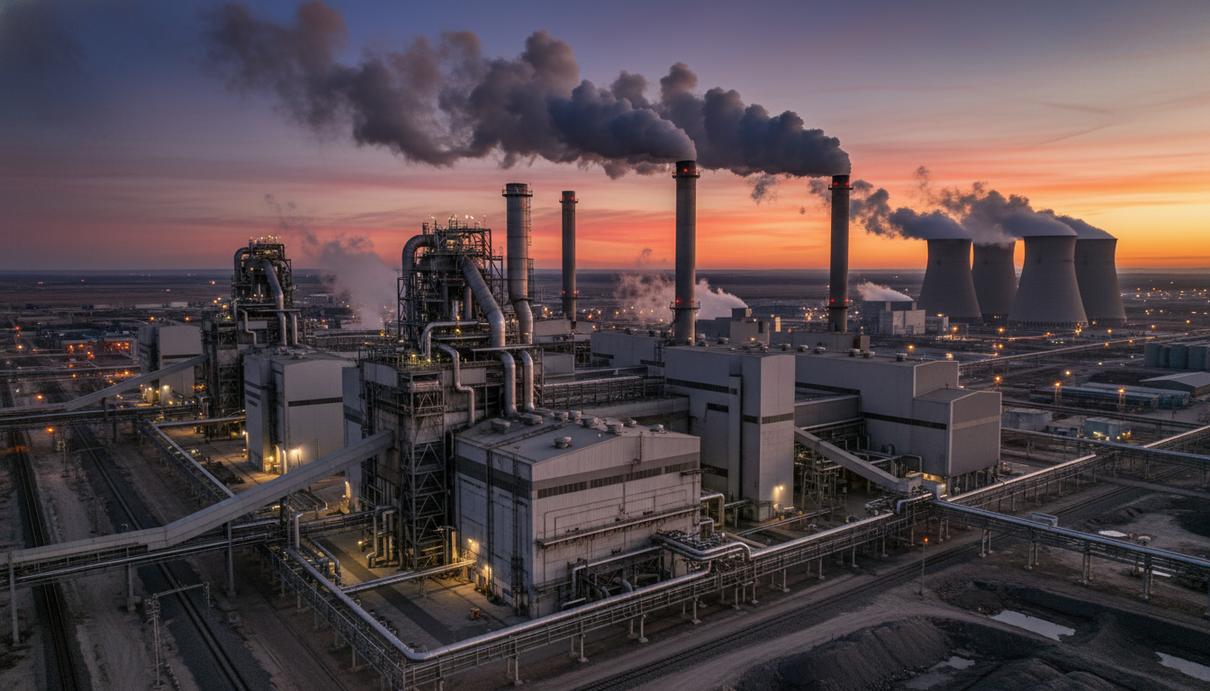 Панорама крупного алюминиевого завода с дымящими трубами и промышленными постройками на закате, подчеркивающая масштабы производства.