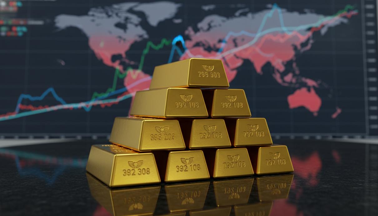 Стопка блестящих золотых слитков на темной поверхности, на заднем плане нечетко видны финансовые графики и контуры карты Ближнего Востока.