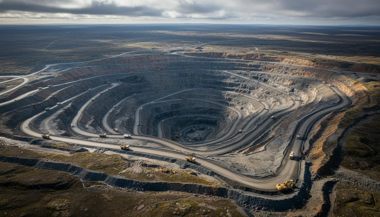 Обширный карьер по добыче алмазов в суровом отдаленном ландшафте. Видны многоуровневые террасы, дороги и крупная горнодобывающая техника.