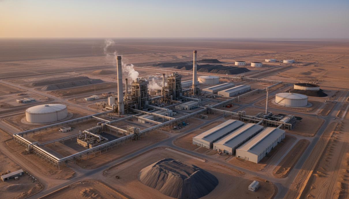 Масштабный комплекс алюминиевого завода с высокими трубами и сложной инфраструктурой на фоне пустынного пейзажа. Индустриальный ландшафт с элементами хранения сырья.