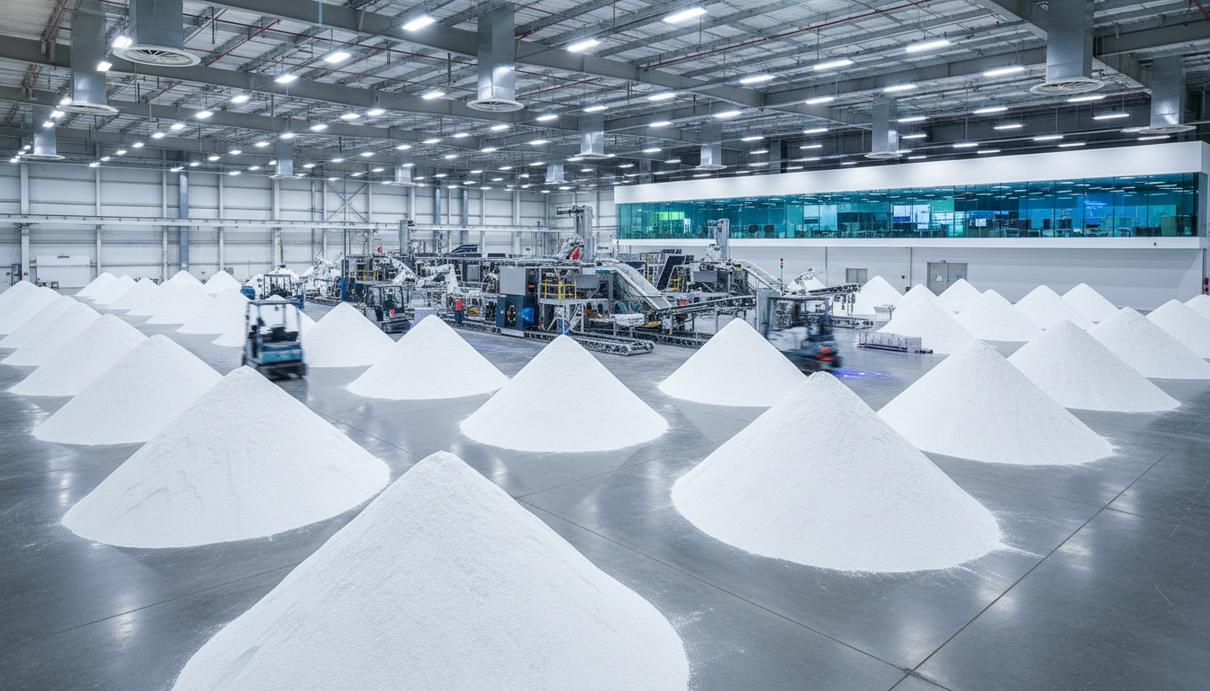 Крупные белые кучи карбоната лития на полу современного промышленного склада с автоматизированным оборудованием.