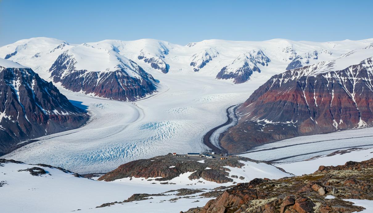 Масштабный арктический пейзаж Гренландии с заснеженными горами, ледниками и обнаженными скальными породами, богатыми минералами. Видны геологические слои и залежи полезных ископаемых.