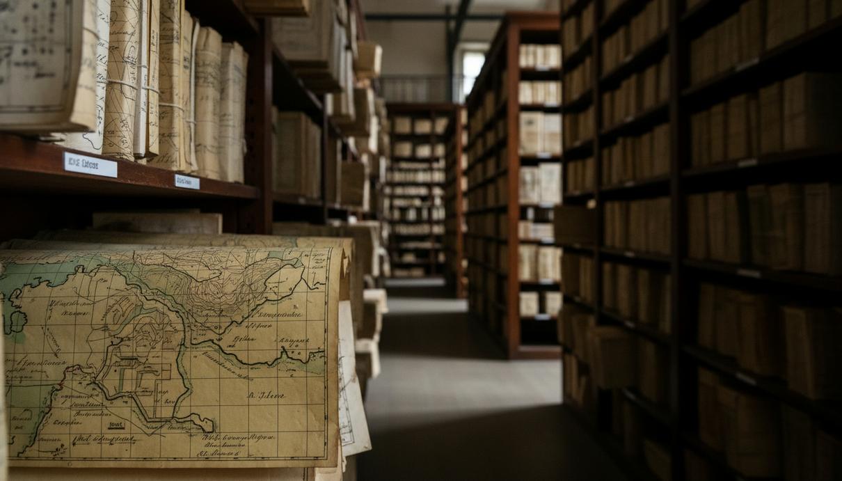 Интерьер архива Музея Африки: полки, уставленные старинными картами и документами о минеральных ресурсах ДРК.