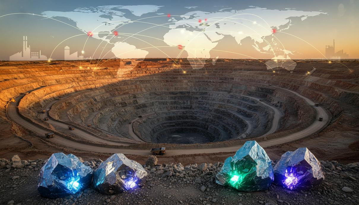 Обширный карьер по добыче полезных ископаемых с многоуровневыми террасами. На переднем плане – образцы редких металлов, символизирующие стратегические минералы. Видны элементы промышленной инфраструктуры.