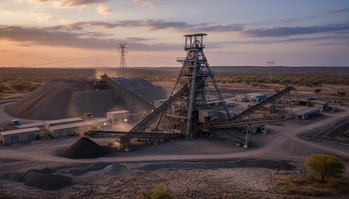 Вид на действующий платиновый рудник в Южной Африке на рассвете: шахтное оборудование, конвейеры и отвалы руды на фоне холмистого ландшафта.