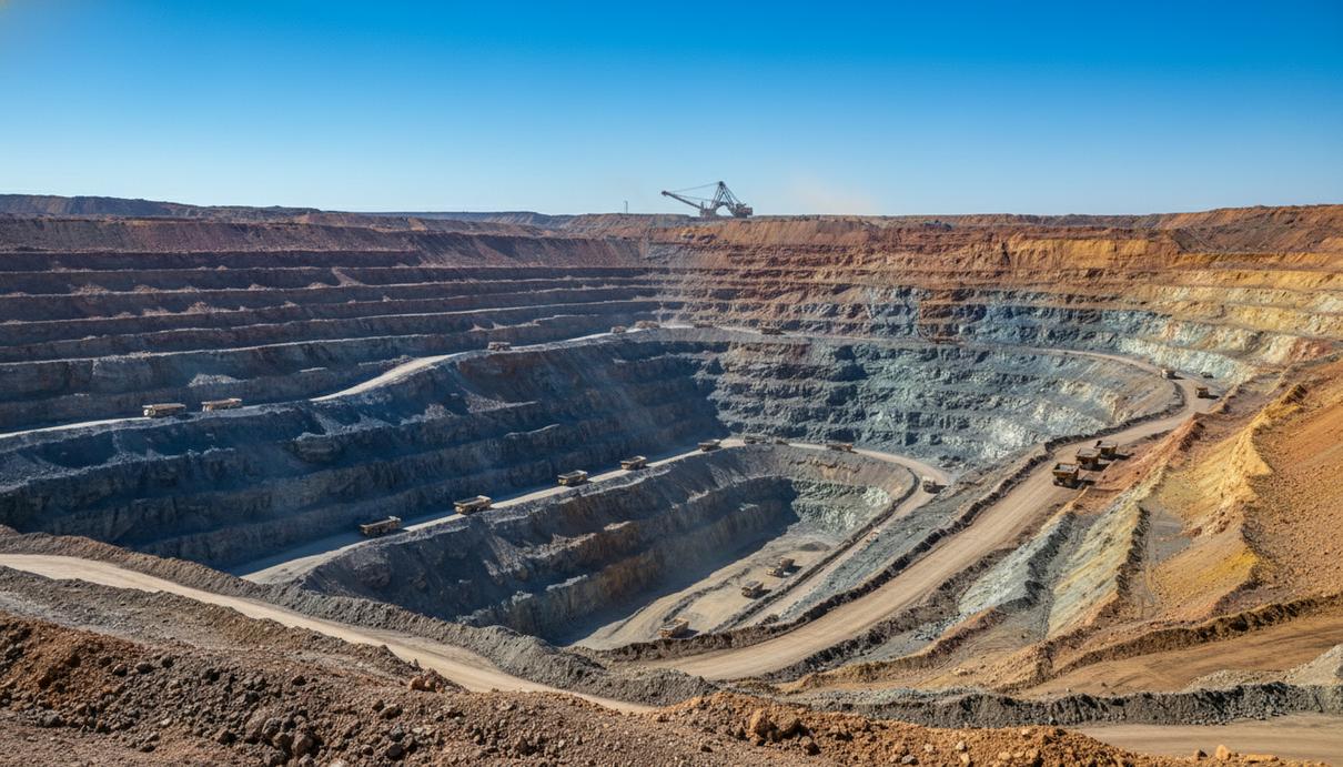 Панорамный вид на огромный карьер по добыче редкоземельных металлов с заметными слоями почвы и скальной породы. Вдали видны элементы тяжелой горнодобывающей техники.