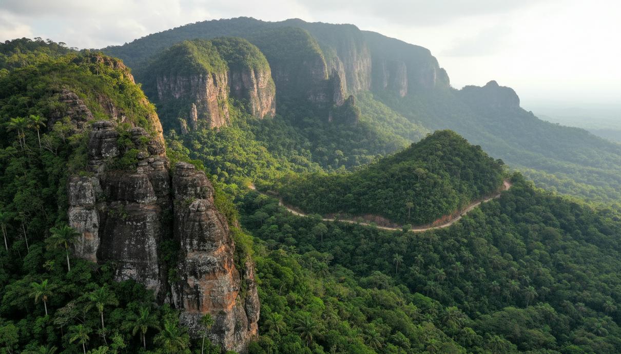 Горный пейзаж Венесуэлы с густой растительностью, открытыми скалами и грунтовой дорогой. Символ неразработанных минеральных ресурсов.