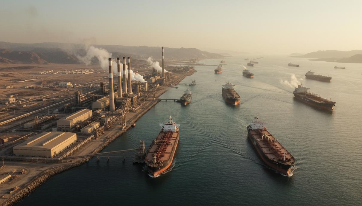 Вид на Ормузский пролив с проходящими грузовыми судами и индустриальным ландшафтом крупного алюминиевого завода на берегу.
