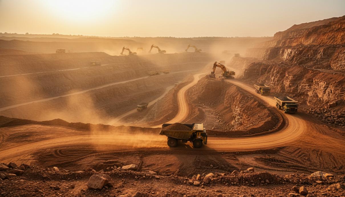Обширный открытый карьер по добыче золота в Гане. Видны крупные экскаваторы, грузовики, пыль и геологические пласты на фоне западноафриканского ландшафта.