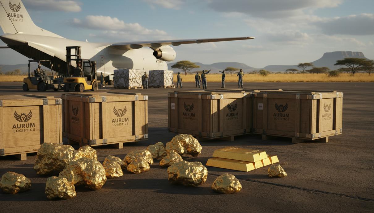Золотые слитки и самородки в деревянных ящиках на погрузочной площадке. Грузовой самолет на заднем плане ждет отправки ценного груза.