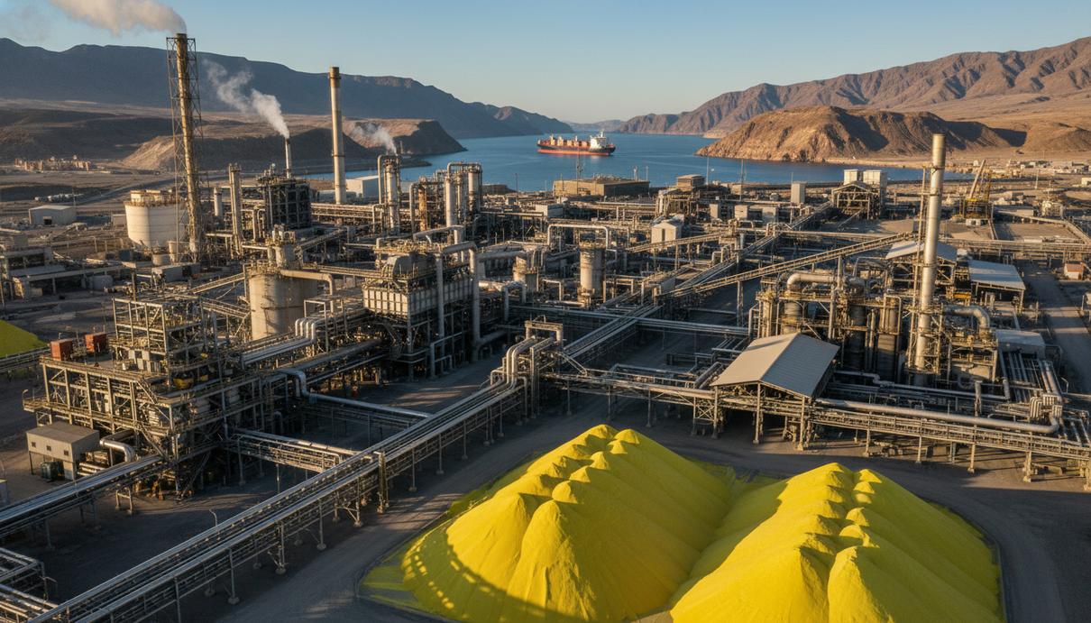 Промышленный комплекс для переработки руды с большими запасами серы. Грузовое судно в проливе между скалистыми берегами.