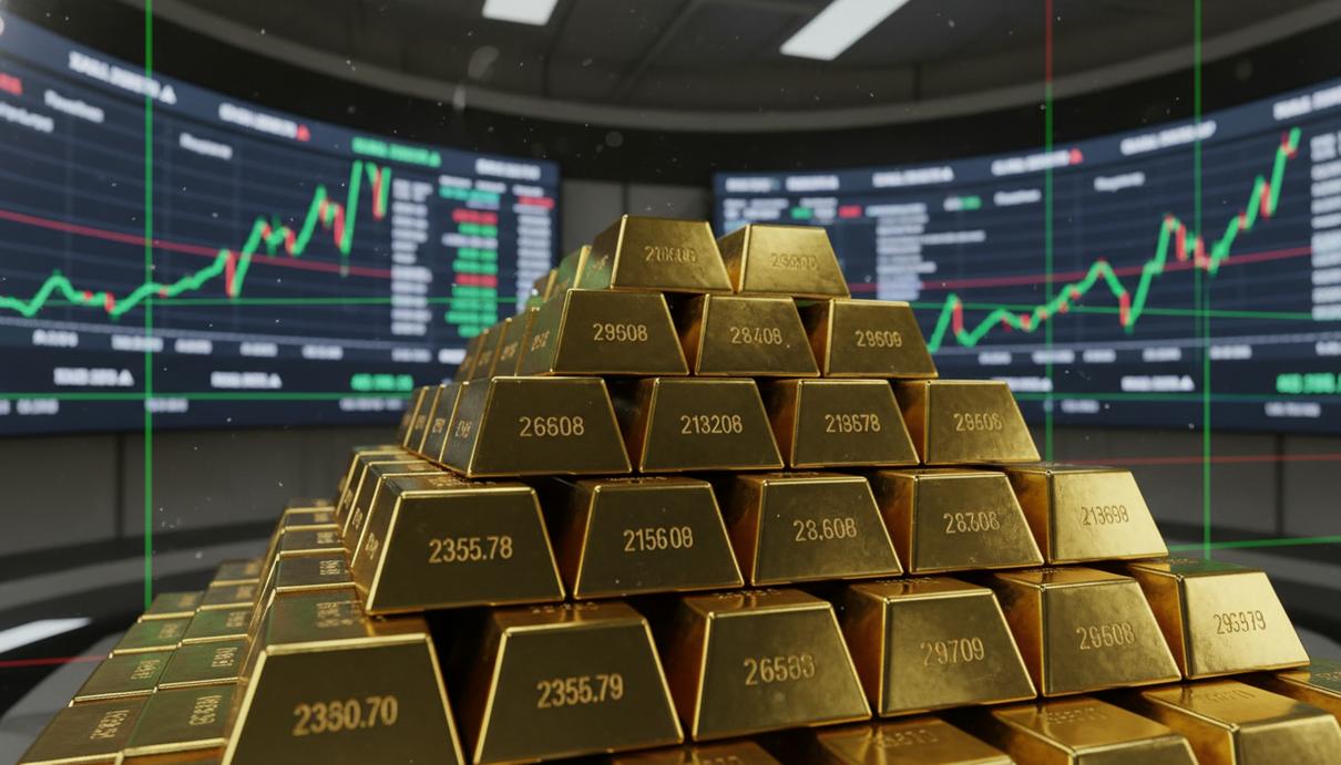 Слитки золота в хранилище на фоне экранов с биржевыми котировками, отражающие динамику мировых цен.