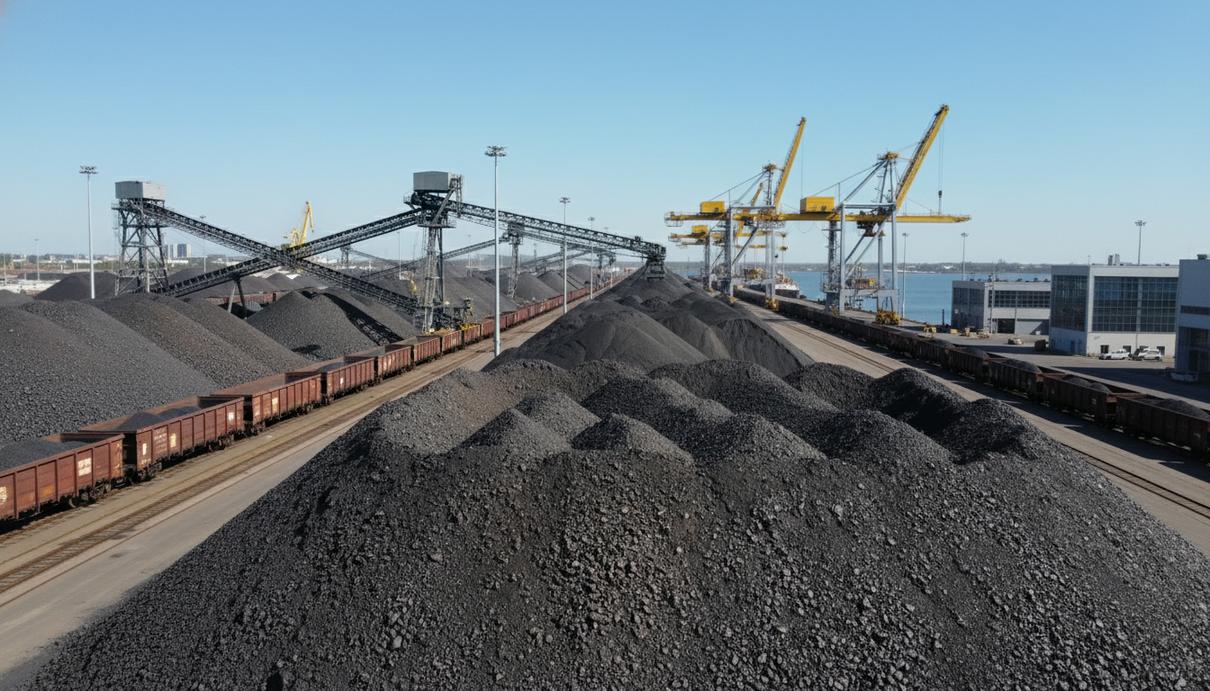 Множество штабелей марганцевой руды на причале современного портового терминала. На заднем плане–конвейеры и краны, рядом – железнодорожные пути.