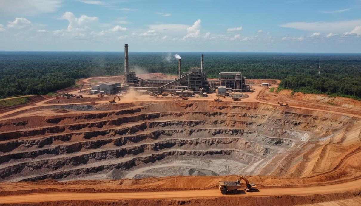 Индустриальный пейзаж индонезийского никелевого рудника с карьером, тяжелой техникой и перерабатывающим заводом среди тропической растительности.