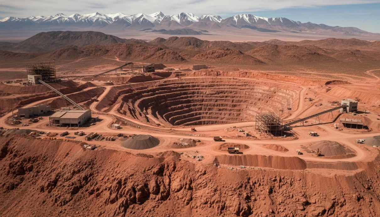 Площадка для добычи меди в высокогорье Аргентины с промышленными объектами и техникой