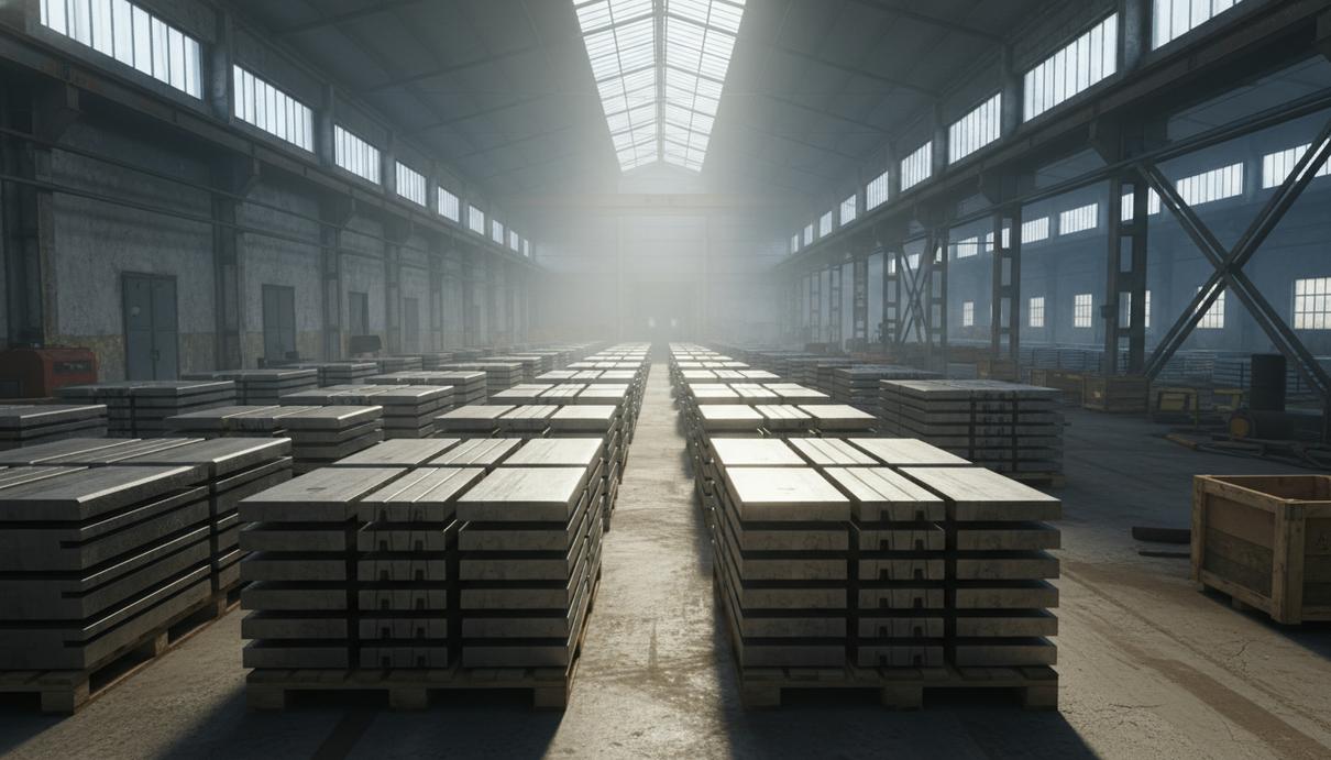 Ряды металлических слитков на бетонном полу в просторном промышленном ангаре