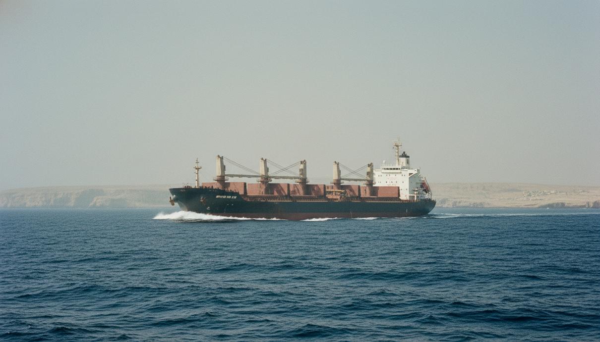 Крупный промышленный сухогруз следует по открытому морю на фоне туманного горизонта.