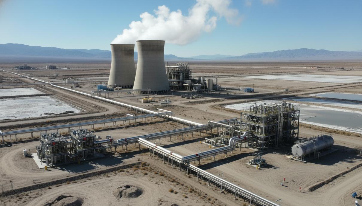Промышленная геотермальная станция и комплекс по добыче лития в засушливой долине Калифорнии.