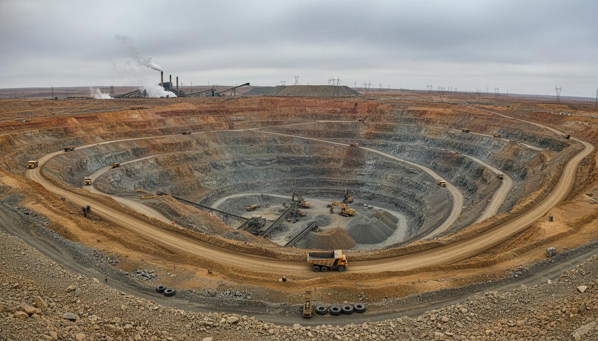 Широкая панорама открытого медного рудника с промышленной инфраструктурой и карьерной техникой.