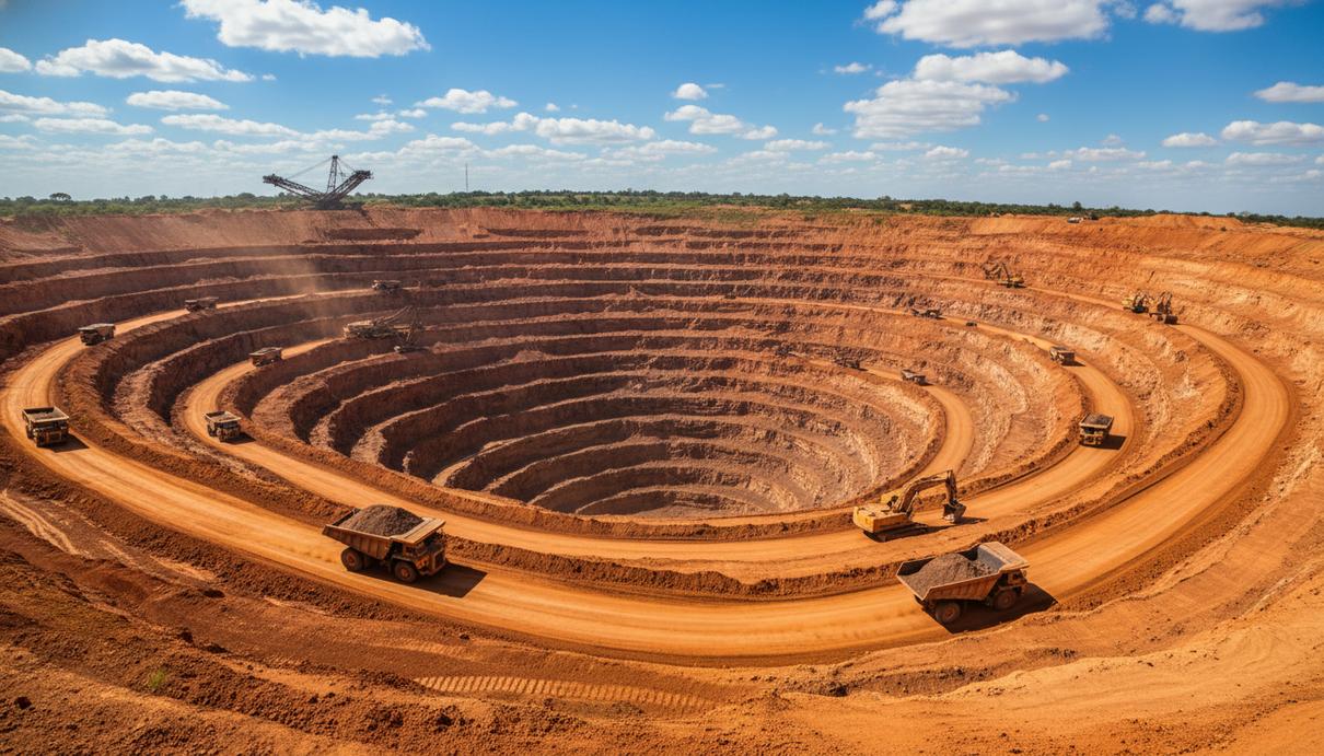 Вид на масштабный медный карьер с промышленной техникой и ступенчатыми склонами из оранжевой почвы