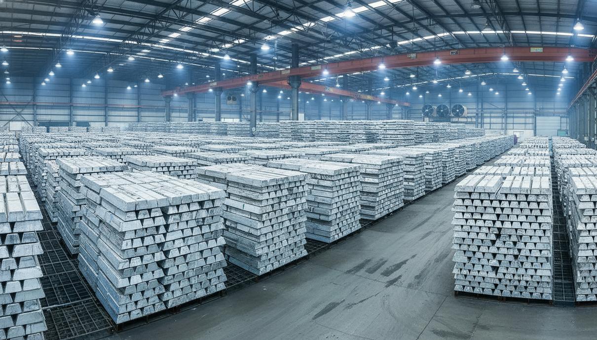 Ряды алюминиевых слитков на поддонах в просторном промышленном складском помещении.