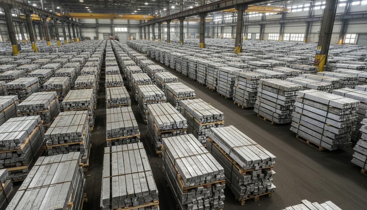 Ряды алюминиевых слитков на деревянных поддонах в просторном промышленном складе.