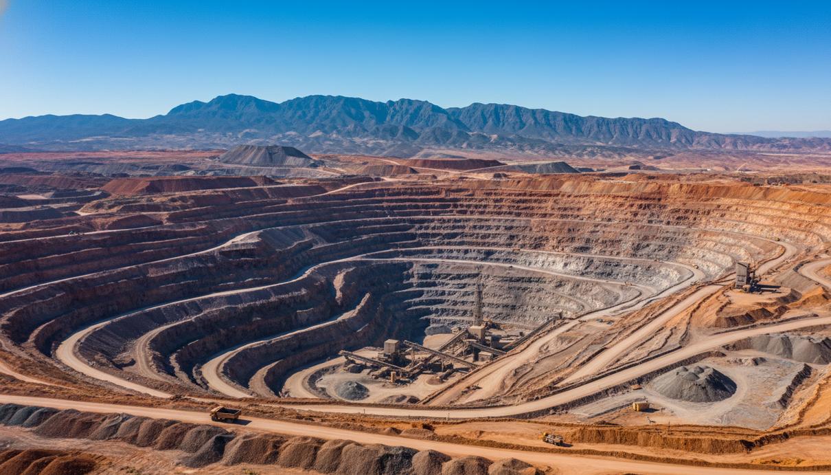 Глубокий карьер с красными земляными террасами и промышленными дорогами на фоне гор под ясным небом