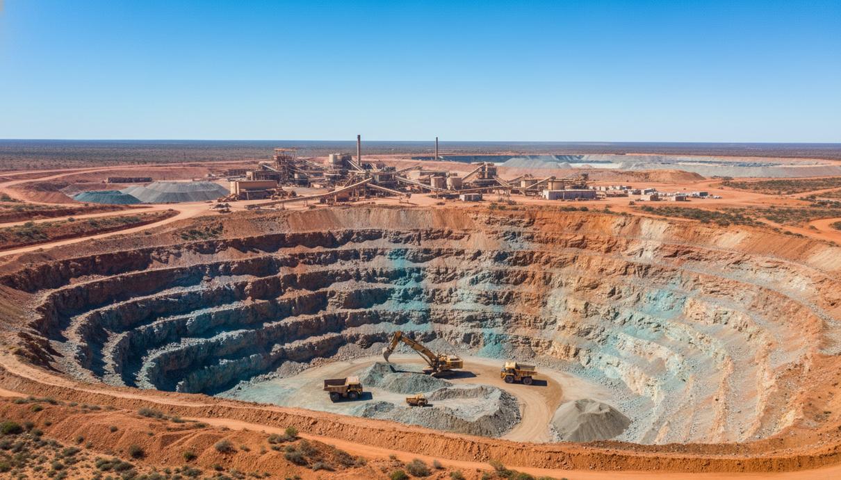 Промышленный комплекс по добыче меди и золота с карьерной техникой и перерабатывающими цехами