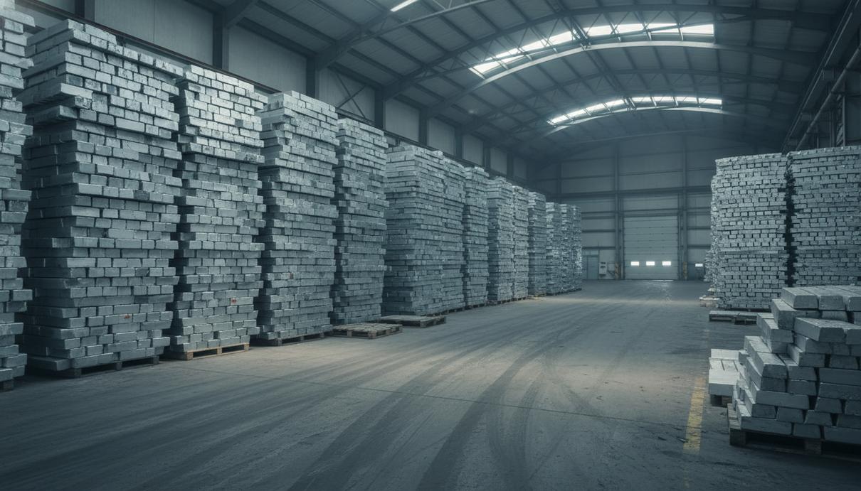 Сложенные штабелями алюминиевые слитки в промышленном ангаре грузового порта.