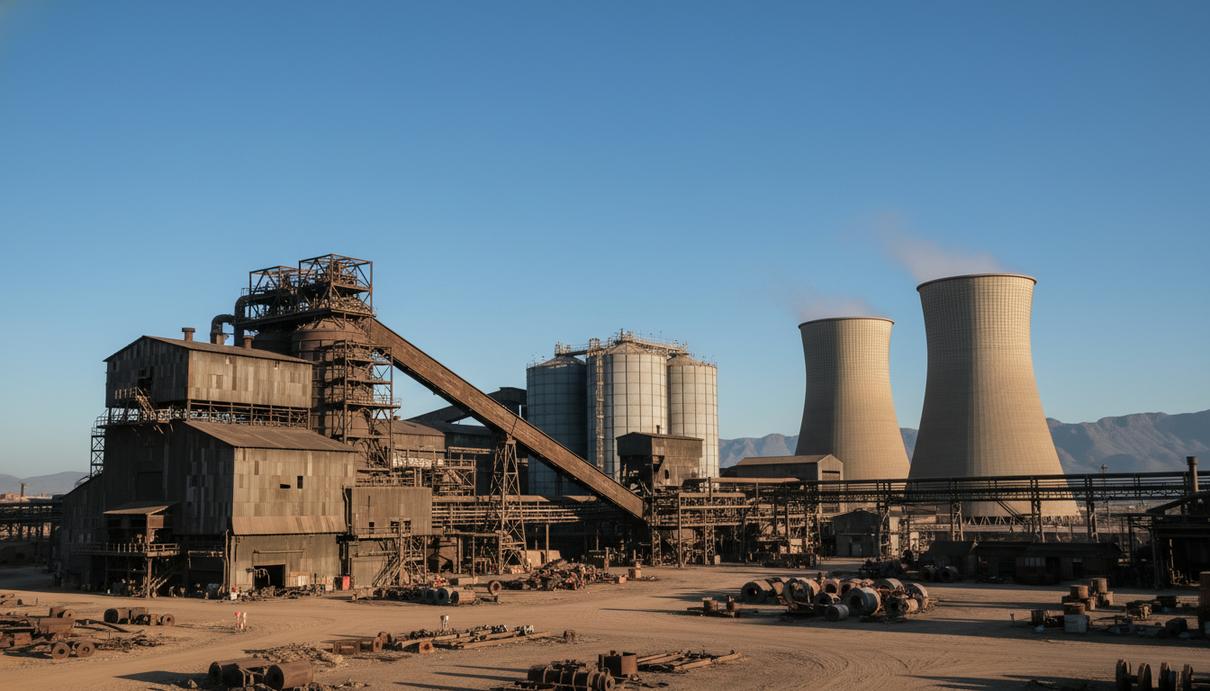 Промышленная площадка феррохромового завода с цехами, стальными конструкциями и силосами на фоне неба