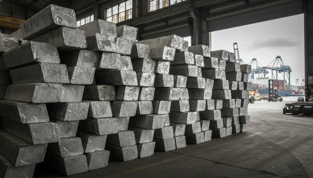 Слитки первичного алюминия, сложенные в штабели на территории промышленного склада в порту.