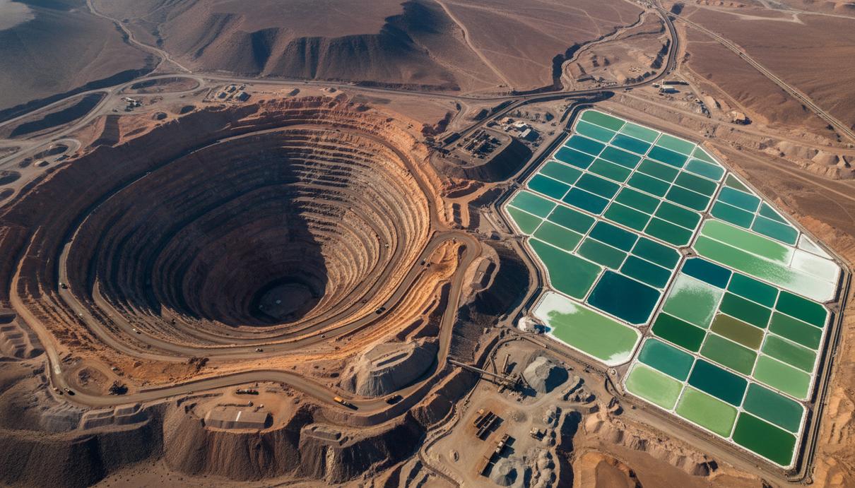 Масштабный медный карьер и литиевые испарительные бассейны в пустыне Атакама в Чили
