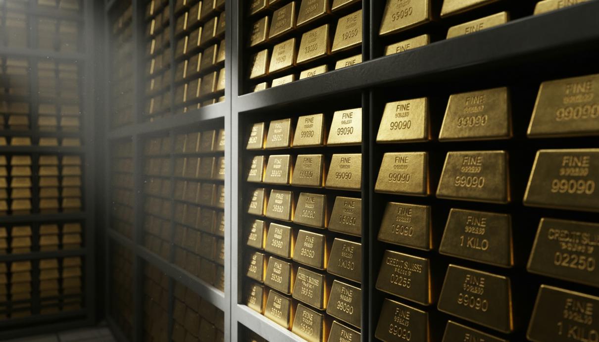 Ряды золотых слитков с официальной маркировкой на полках внутри охраняемого хранилища.
