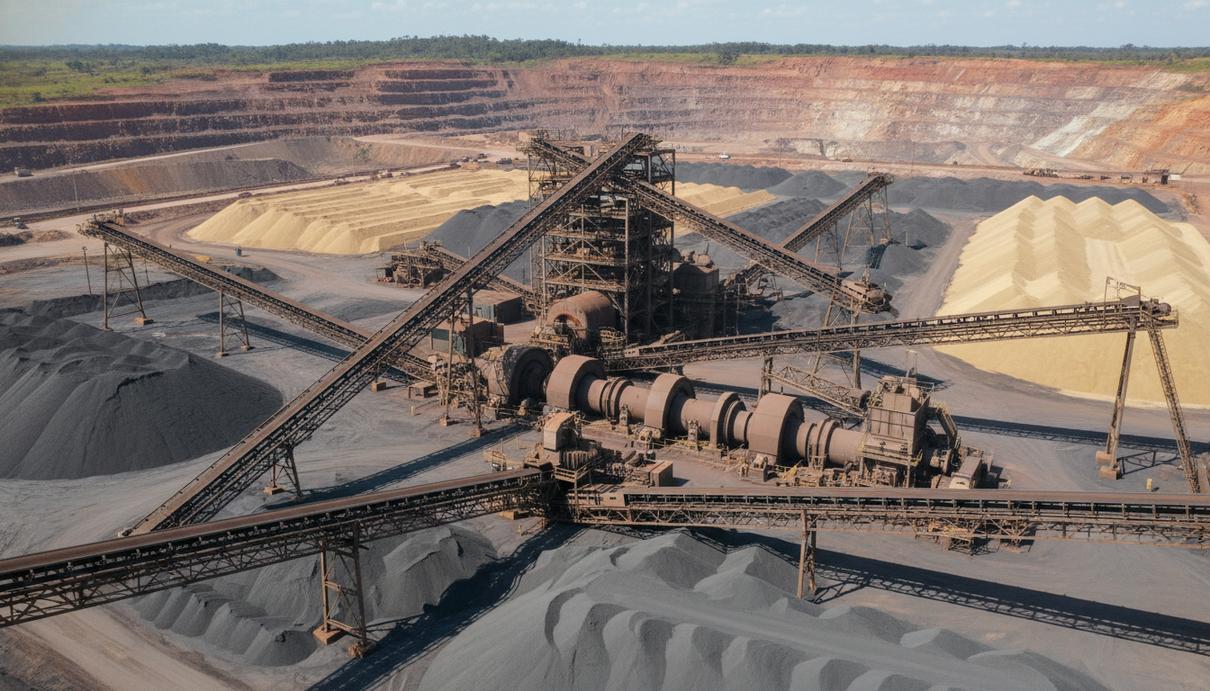 Промышленные установки и конвейеры для переработки хвостов на горнодобывающем предприятии в Бразилии