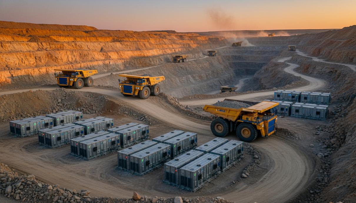 Промышленная электрическая техника и системы хранения энергии на территории открытого карьера.