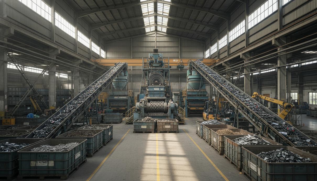 Вид на промышленную площадку с конвейерными лентами и грудами электронного лома