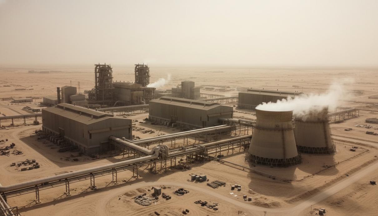 Промышленные корпуса и дымовые трубы алюминиевого завода в пустыне на фоне неба