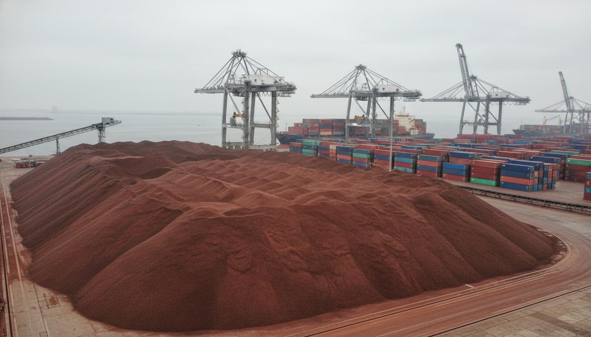 Масштабные насыпи железной руды в промышленном порту на фоне портовых кранов и грузовых терминалов.