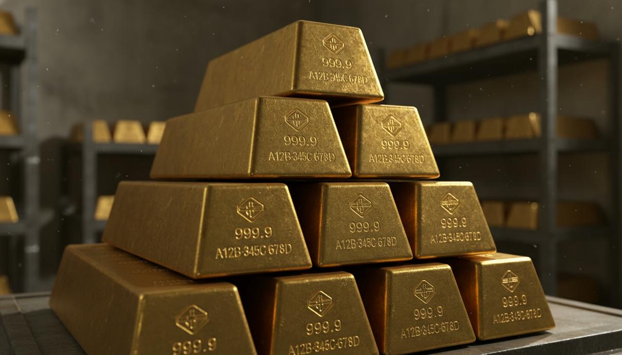 Золотые слитки с маркировкой в банковском хранилище на темной металлической поверхности