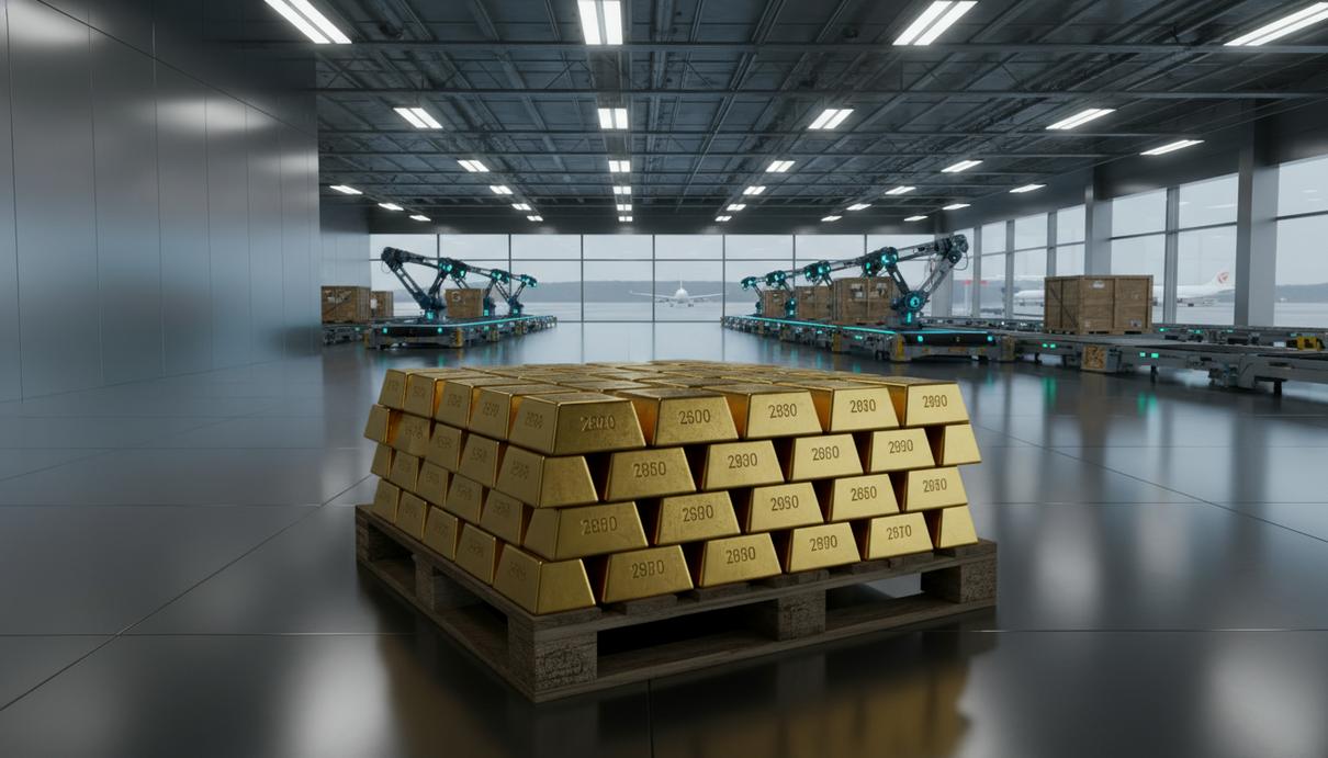 Слитки золота на деревянном поддоне в грузовом терминале современного аэропорта