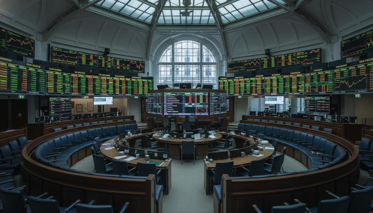 Пустой торговый зал Лондонской биржи металлов с рядами сидений и работающими цифровыми табло