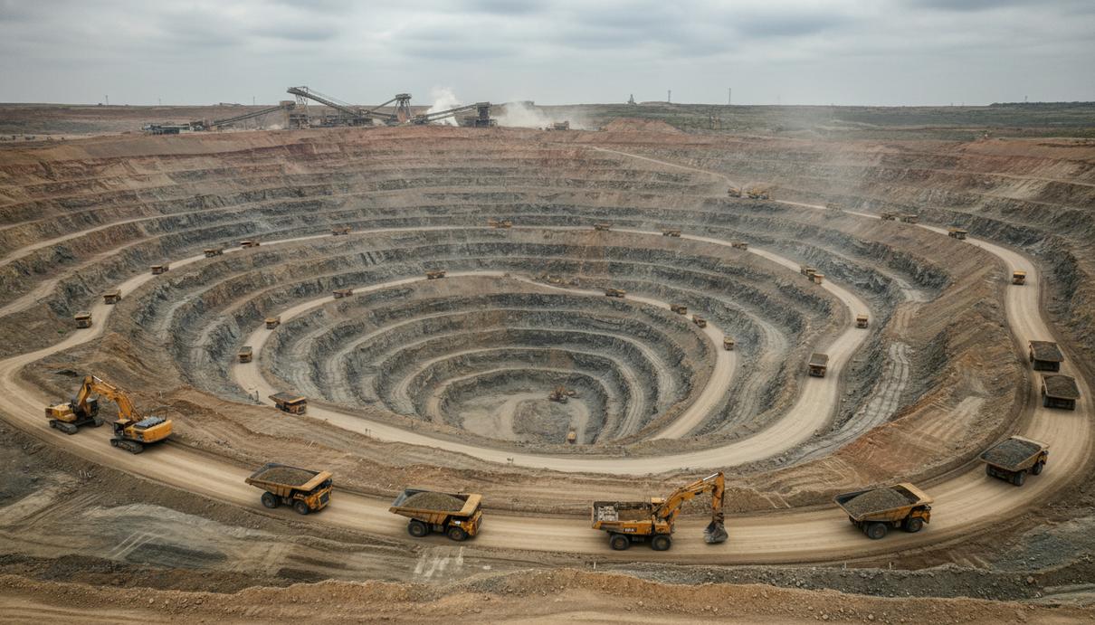 Золотодобывающий карьер с тяжелой техникой и экскаваторами на ступенчатых склонах в пасмурную погоду