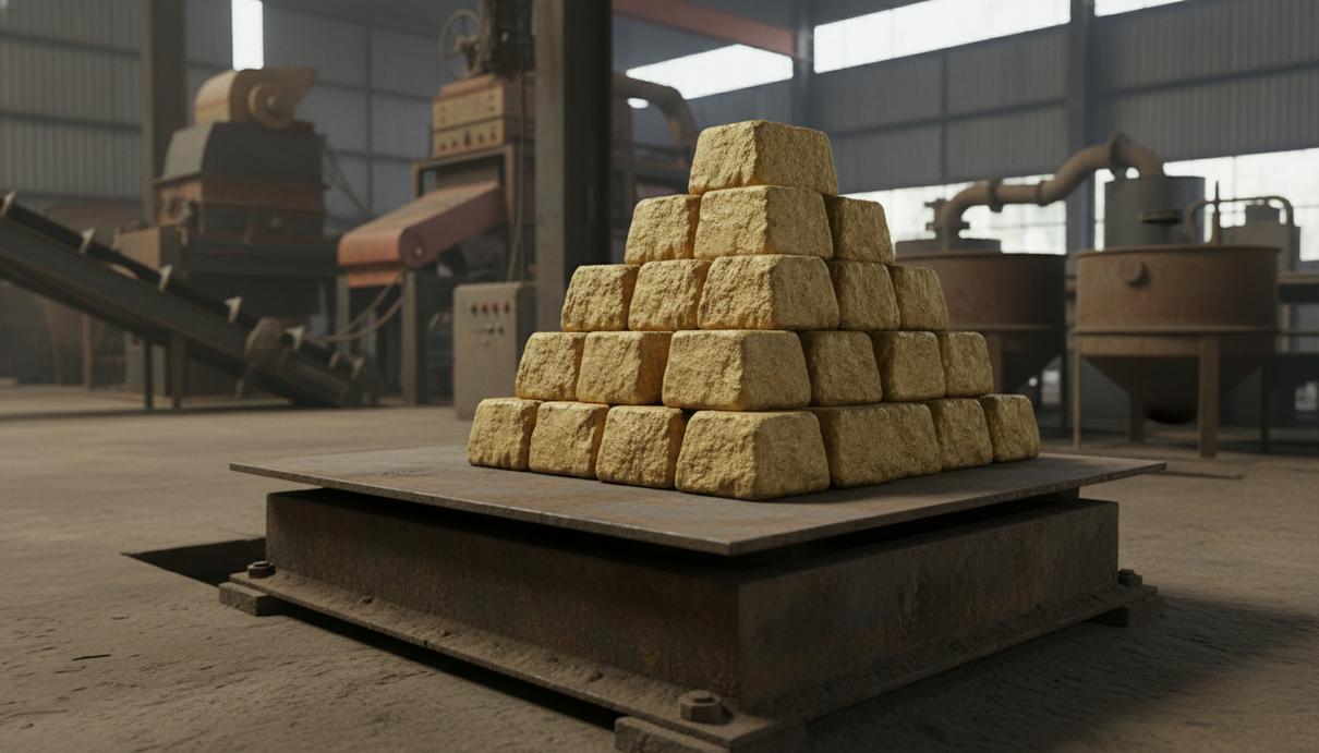 Золотые слитки Доре на весах в промышленном помещении на фоне горнодобывающего оборудования