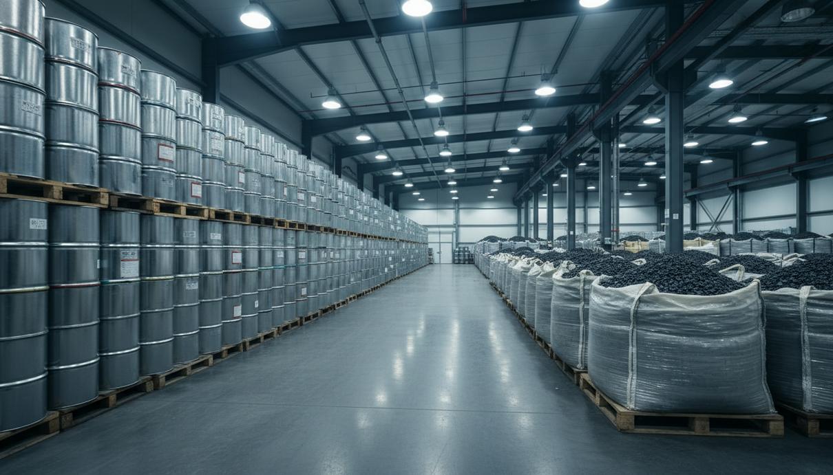 Промышленные мешки и контейнеры с сырьем на поддонах внутри грузового терминала