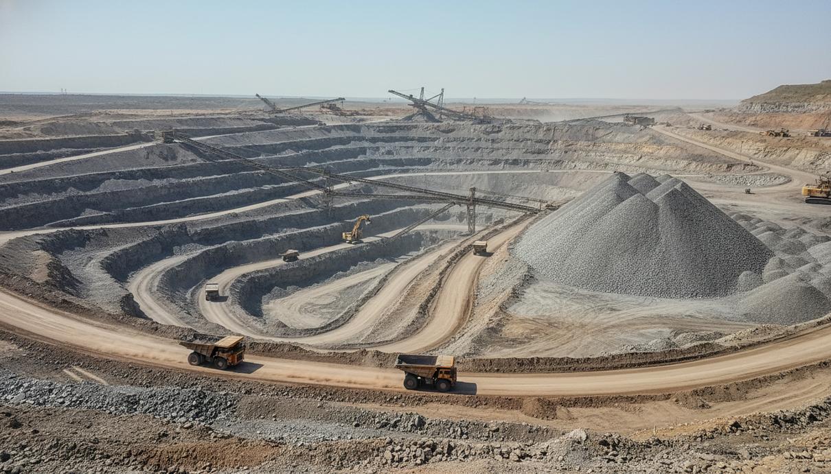 Промышленный пейзаж открытого рудника в Южно-Африканской Республике с техникой для добычи руды