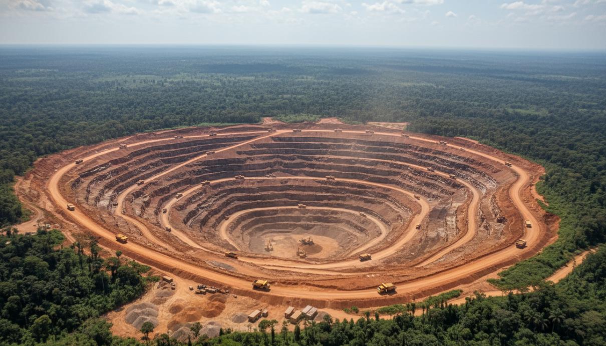 Вид на открытый карьер золотого рудника в Гане с тяжелой техникой на террасах и красной почвой.