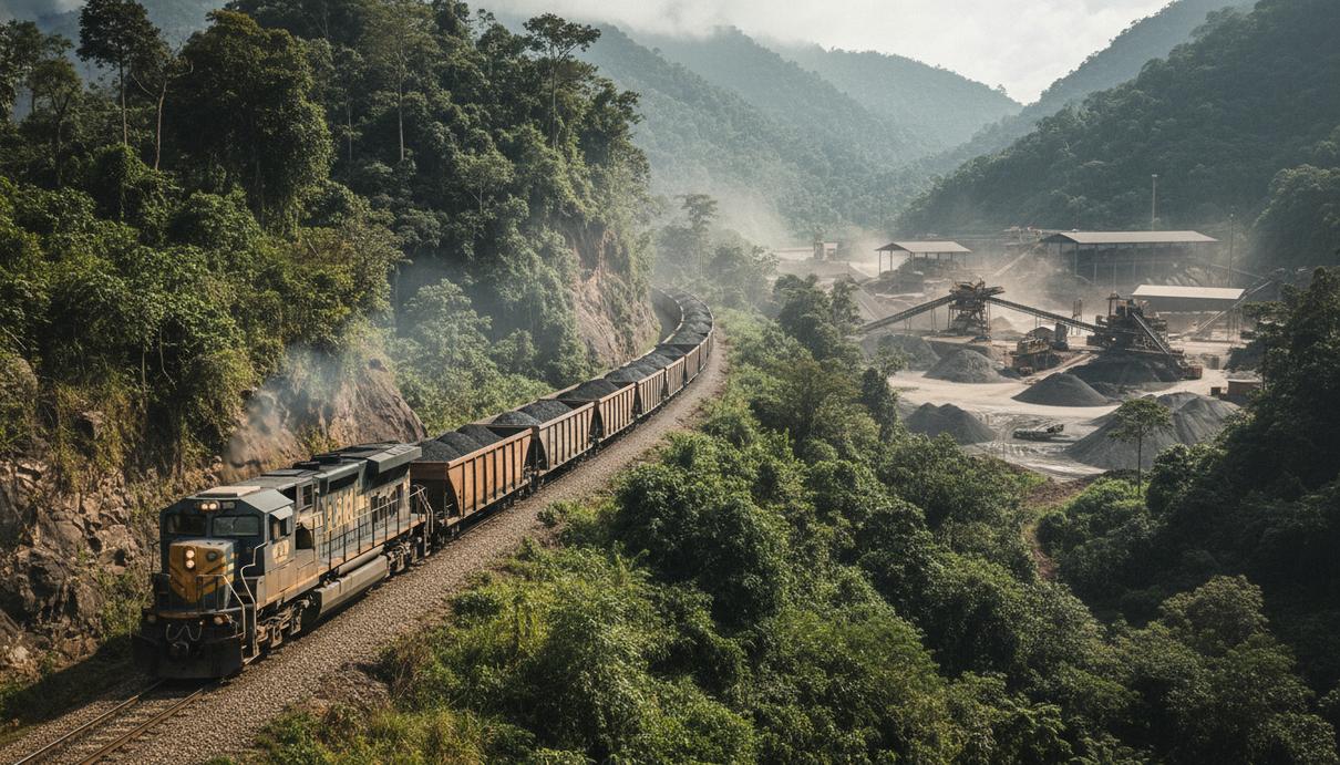 Грузовой поезд следует через горную местность в сторону промышленного горнодобывающего предприятия.
